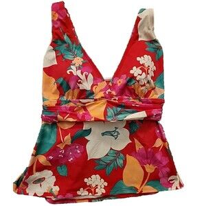 Lands' End Swim Top Red Floral 18 Plunge V-Neck Tankini XL Womens Padded S1015